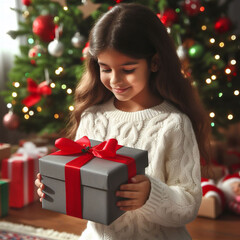 Holidays, presents, christmas and people concept - smiling little girl in santa  hat with gift box at home