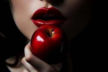 Female red lips with red apple. Seductive woman portrait fruit savoring moment. Generate ai - obrazy, fototapety, plakaty