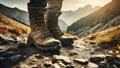 Journey to the Summit: Close-up shot of leather hiking boots trekking up a rocky mountain trail, showcasing the rugged terrain in background. Generative AI - obrazy, fototapety, plakaty