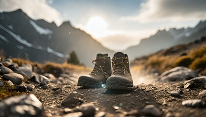 Close-up shot of leather hiking boots. On a rocky mountain trail, showcasing the rugged terrain in background. Generative AI