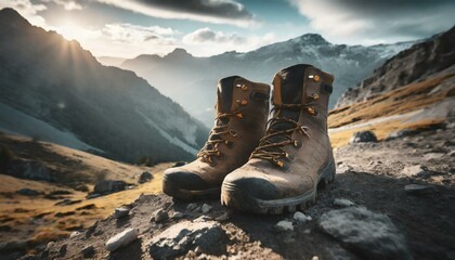 Close-up shot of leather hiking boots. On a rocky mountain trail, showcasing the rugged terrain in background. Generative AI - obrazy, fototapety, plakaty