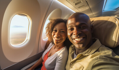 Fototapeta premium Happy smiling black couple is flying in an airplane in first class, travel relax and recharge
