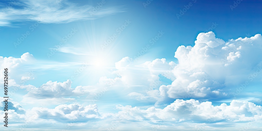 Wall mural beauty of summer sky with scattering of fluffy white clouds against backdrop of bright blue. scene e