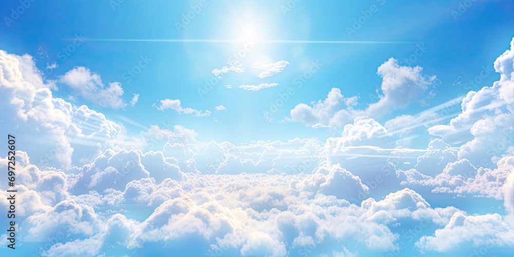 Wall mural beauty of summer sky with scattering of fluffy white clouds against backdrop of bright blue. scene e