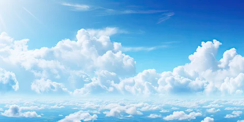 Foto op Canvas Beauty of summer sky with scattering of fluffy white clouds against backdrop of bright blue. Scene exudes tranquility and making ideal for aim to evoke calm and peaceful atmosphere © Bussakon