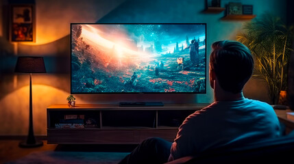 Online watching movie on smart TV at home. Postproducted generative AI illustration.