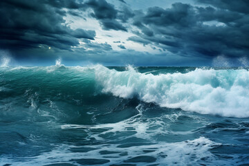 Sea Storm view, waves with foam in storm, seascape, sea or ocean under dark blue clouds, turquoise colour of water. Mountains coastline. Big Waves.