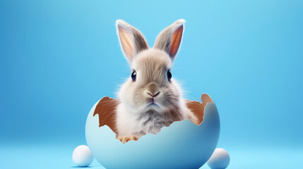 Easter holiday celebration, brown bunny rabbit sitting in a broken egg shell on bright blue background, greeting card