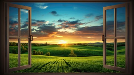 Nature's Canvas: Open Window Framing a Tranquil Green Field Under a Captivating Sunset Sky - Escape to Serenity.