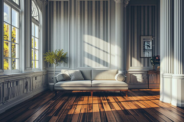 Striped vinyl wallpaper and vintage oak floors come together in this empty living room, creating an ambiance that seamlessly blends nostalgia and contemporary simplicity - obrazy, fototapety, plakaty