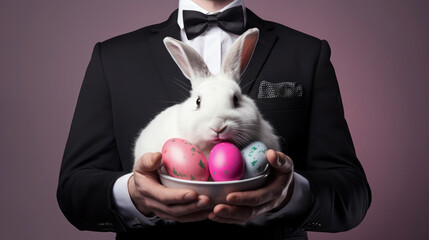 Happy easter holiday, closup of man holding a bowl of colored easter eggs and white bunny, wearing...