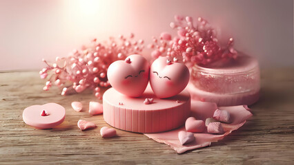 two pink hearts sitting on top of a table, a stock photo  trending on shutterstock, romanticism,...