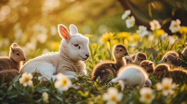 borreguito, cordero y patos peque&ntilde;os en primavera