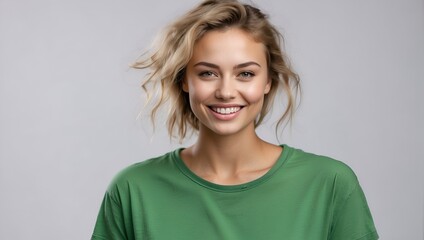 Isolated Background, Young Russian Woman Wearing Green T-Shirt, Studio Shot, Portrait Shot, Advertising Shoot - obrazy, fototapety, plakaty