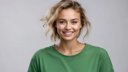 Fotobehang Isolated Background, Young Russian Woman Wearing Green T-Shirt, Studio Shot, Portrait Shot, Advertising Shoot © varol
