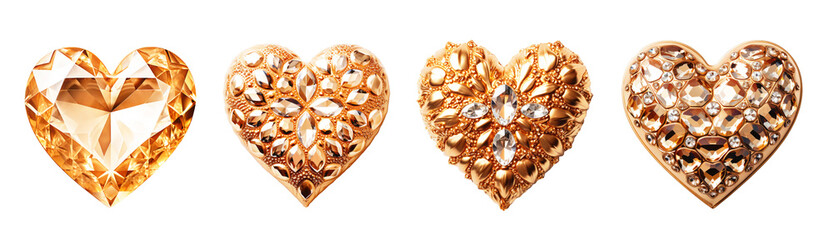 Set of gold crystal hearts on transparent background