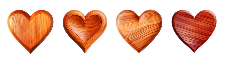 Set of wooden hearts on transparent background