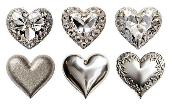 Set of silver crystal hearts on transparent background
