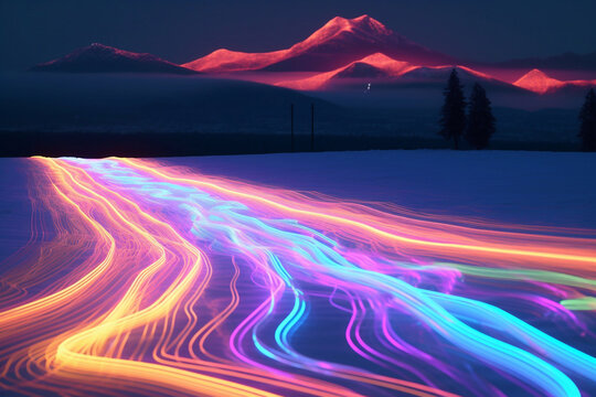 Neon ski tracks in the mountains. Tracks for skiing and snowboarding. Biathlon competition. Winter leisure.