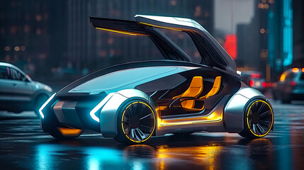 Obraz premium Urban autonomous car as concept of driverless taxi. Postproducted generative AI illustration.