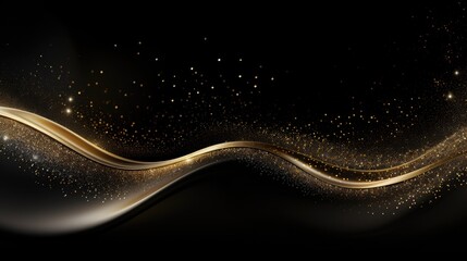 Gold glitter wave abstract wavy design element, golden sparkles on black background, design template.