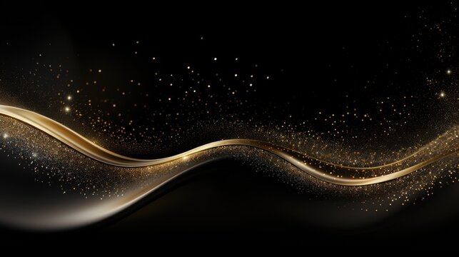 Gold glitter wave abstract wavy design element, golden sparkles on black background, design template.