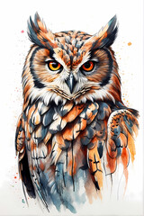 Beautiful owl. Watercolor illustration. Design for t-shirt, wallpaper, notepad, postcard, sticker