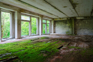 Premises of abandoned school in resettled village of Pogonnoe in exclusion zone of Chernobyl...