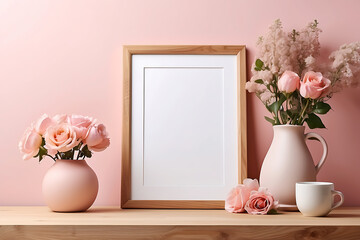 Empty wooden picture frame mockup on light pink wall background. Boho shaped vase, dry flowers on table. Cup of coffee. Working space, home office. Art, poster display. Modern interior, flower
