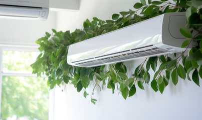 air conditioner and green leaves  - obrazy, fototapety, plakaty