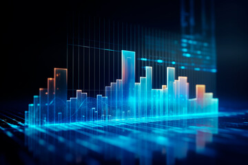 Futuristic transparent monitor with charts in blue colours