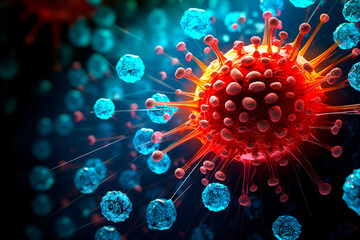 Close up macro details of virus cell on blurrred background. AI generated - obrazy, fototapety, plakaty