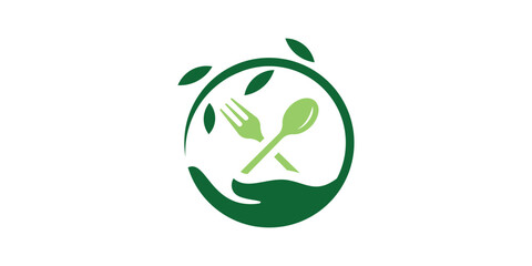 Healthy food logo design, combination of hand shapes with leaves and spoons.
