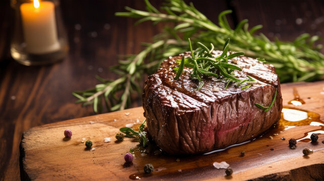 Closeup of delicious grilled steack meat pieces on wooden board with herbs, candle and table in background