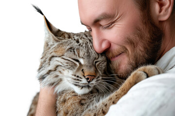 man holding cat smile and happy isolated on white