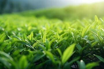 Obraz premium Green tea leaves in a tea plantation in morning