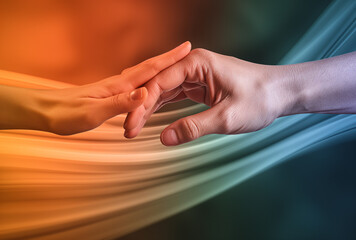 Hands Reaching for Connection Against a Colorful Abstract Background