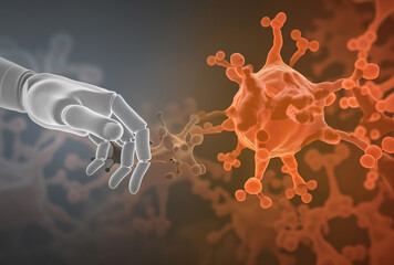 Robotic Hand Engaging with a Virus Particle in a Digital Rendering