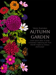 Vector frame from autumn garden. Dahlia, cosmos, zinnia and butterflies 