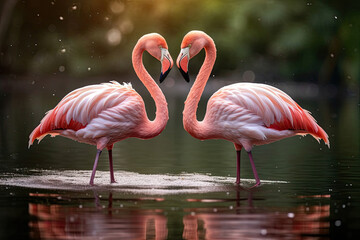 flamingo in the water. Photo of two flamingos, facing each other, background in the shape of a heart