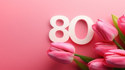 "Celebrate International Women's Day with our stunning banner and postcard design. A beautiful arrangement of flowers forms the number 80 on a vibrant pink background