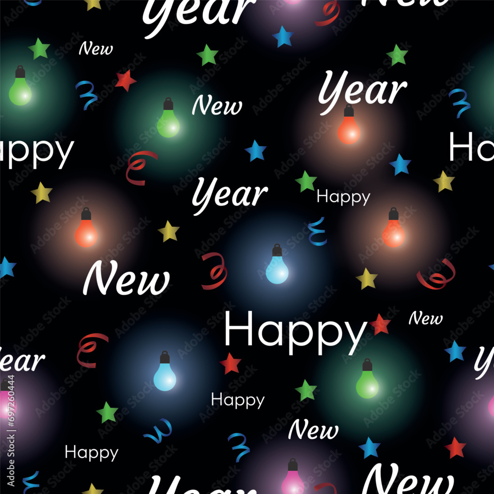 Poster Design with a seamless pattern background of lights and text. Vector repeat surface pattern design. Happy New Year design!