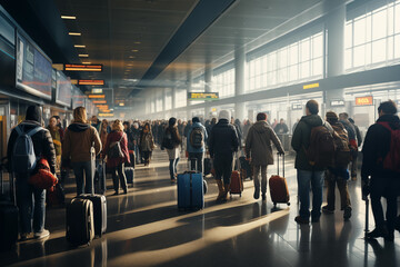 crowded passenger in the airport terminal, bus or train station. Holiday, travel and transportion