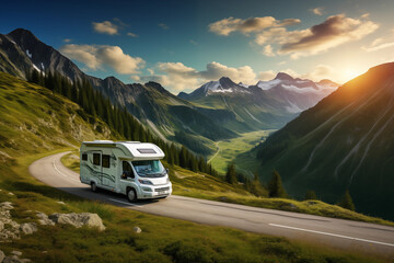 Campervan on the road with beautiful nature landscape. Motorhome camper van RV road trip - obrazy, fototapety, plakaty