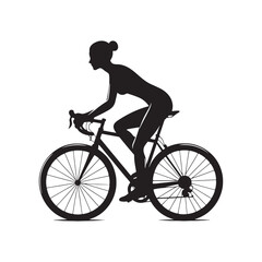 Tranquil Morning Ride: Woman Cycling Silhouette in Peaceful Countryside, Wellness and Nature Connection - Serene Black and White Silhouette of Girl on Bicycle
