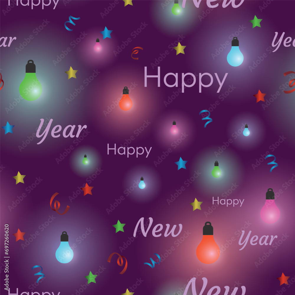Poster Design with a seamless pattern background of lights and text. Vector repeat surface pattern design. Happy New Year design!