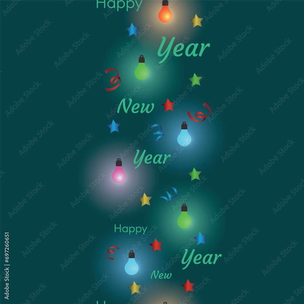Poster Design with a seamless pattern background of lights and text. Vector repeat surface pattern design. Happy New Year design!