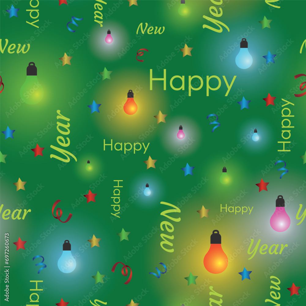 Poster Design with a seamless pattern background of lights and text. Vector repeat surface pattern design. Happy New Year design!