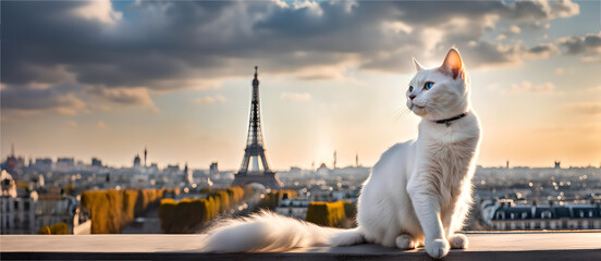 Cat on the rooftops of Paris with the Eiffel Tower in the background. Landscape Paris, France. Banner text space. Paris's view.  - obrazy, fototapety, plakaty