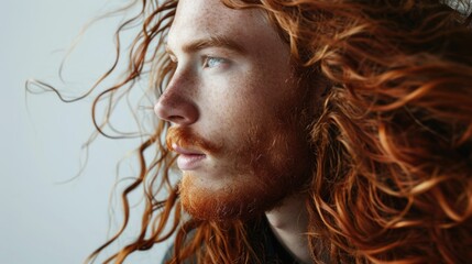 Side view of handsome red haired man with long hair on light background, copy space